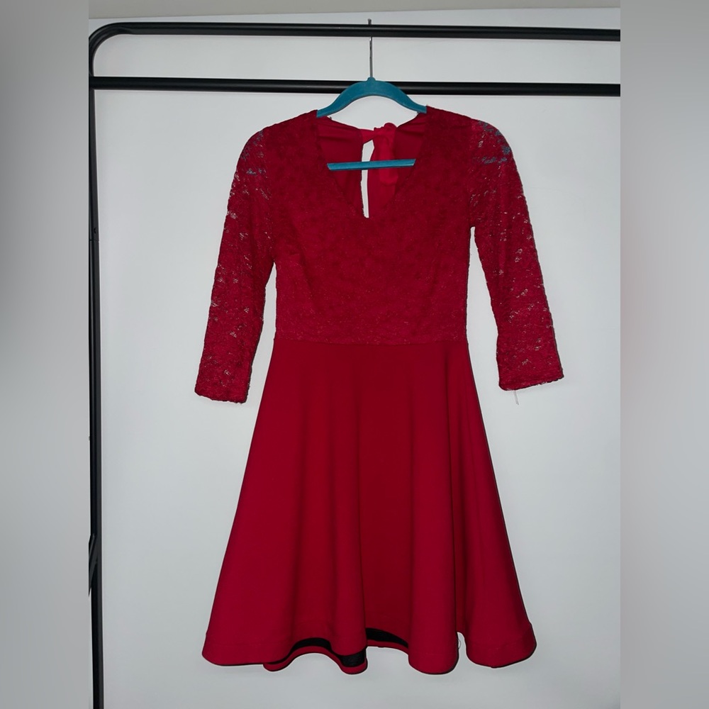 B.Darlin Red Formal Dress with Bow in Back & Lace Sleeves
